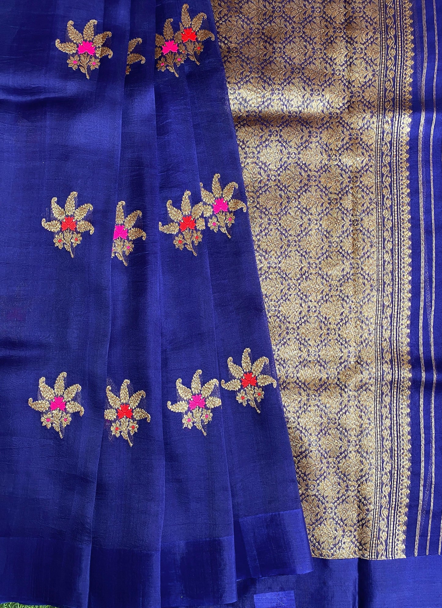 Purple Blue Kora Banarasi Silk Saree, With Unstiched Blouse
