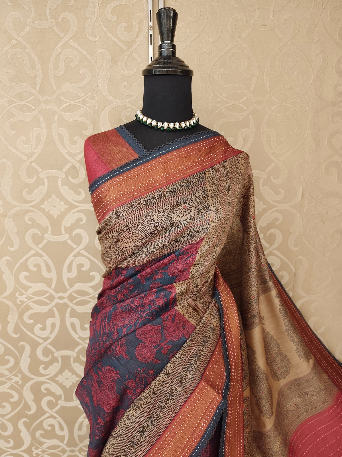 Deep Grey & Red Munga Silk Printed Saree With Kantha Work, With Unstiched Blouse