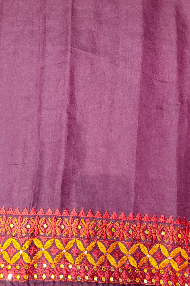 Deep Purple Semi Munga Silk Cross Stitch Work Saree, With Unstiched Blouse