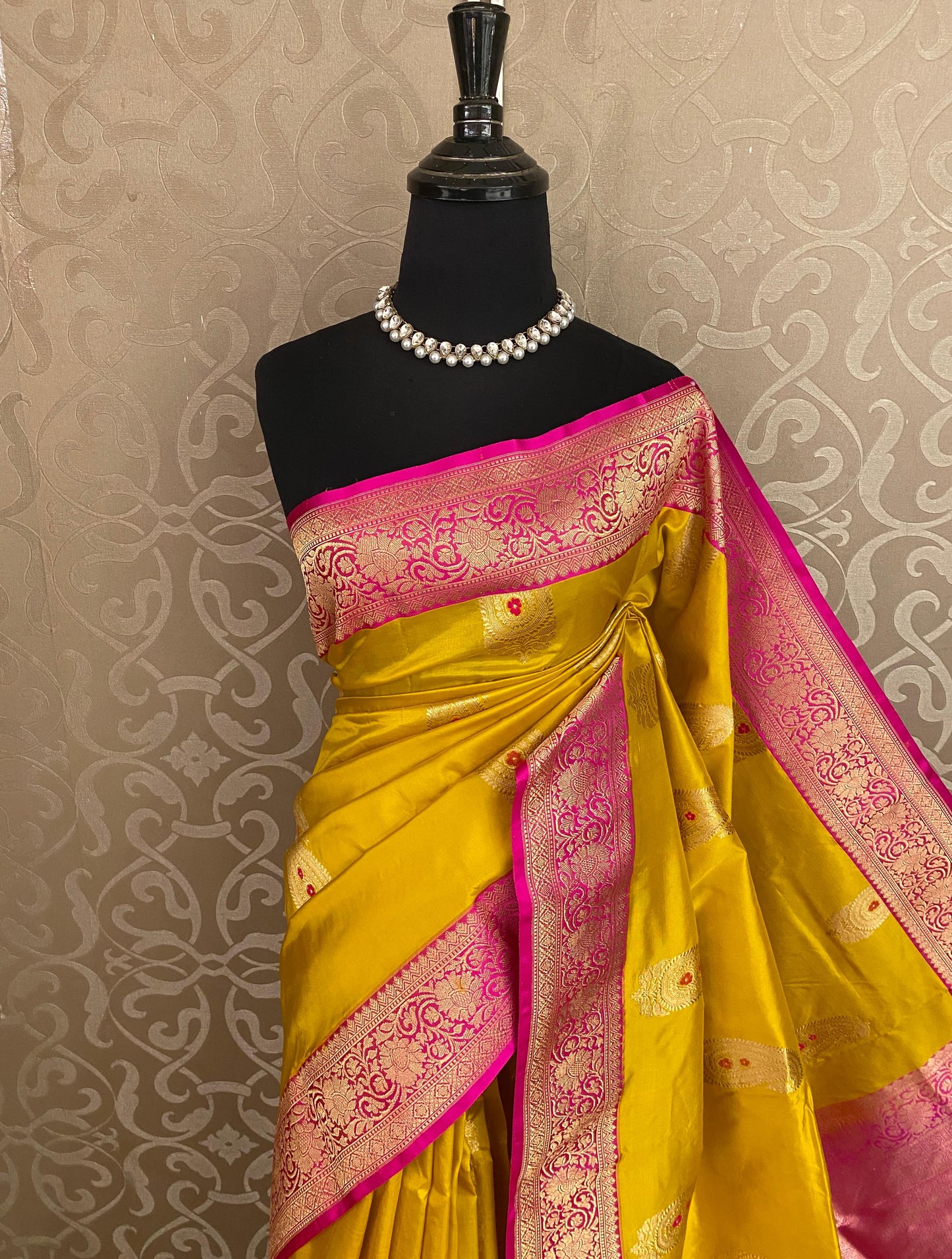 Mustard Yellow Katan Banarasi Saree Hand Woven Work, With Unstiched Blouse