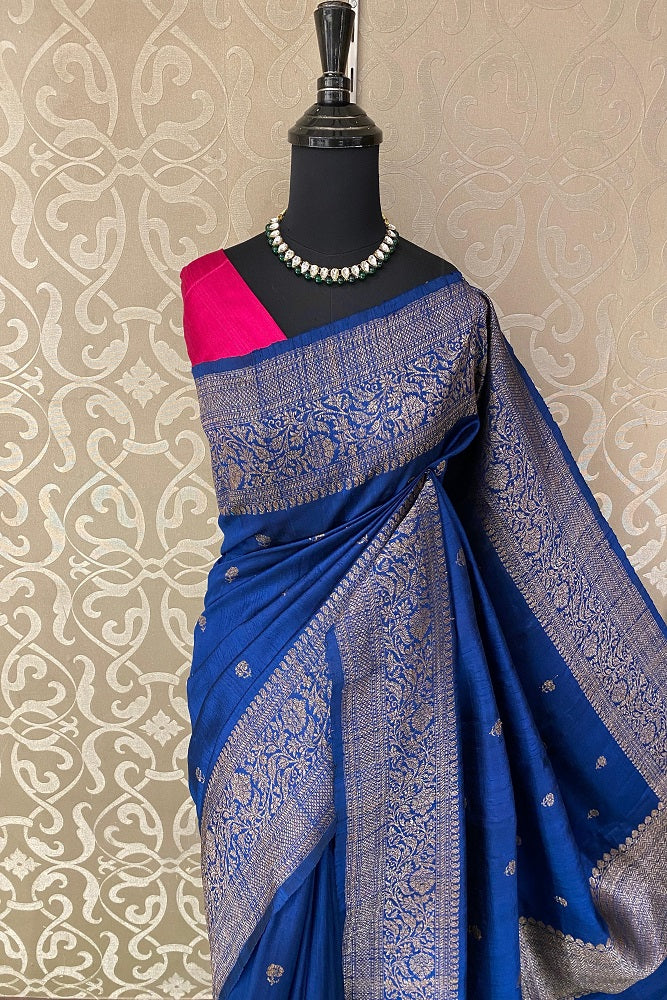 Deep Blue Pure Raw Tussar Banarasi Silk Saree, Hand Woven Motifs With Unstiched Blouse