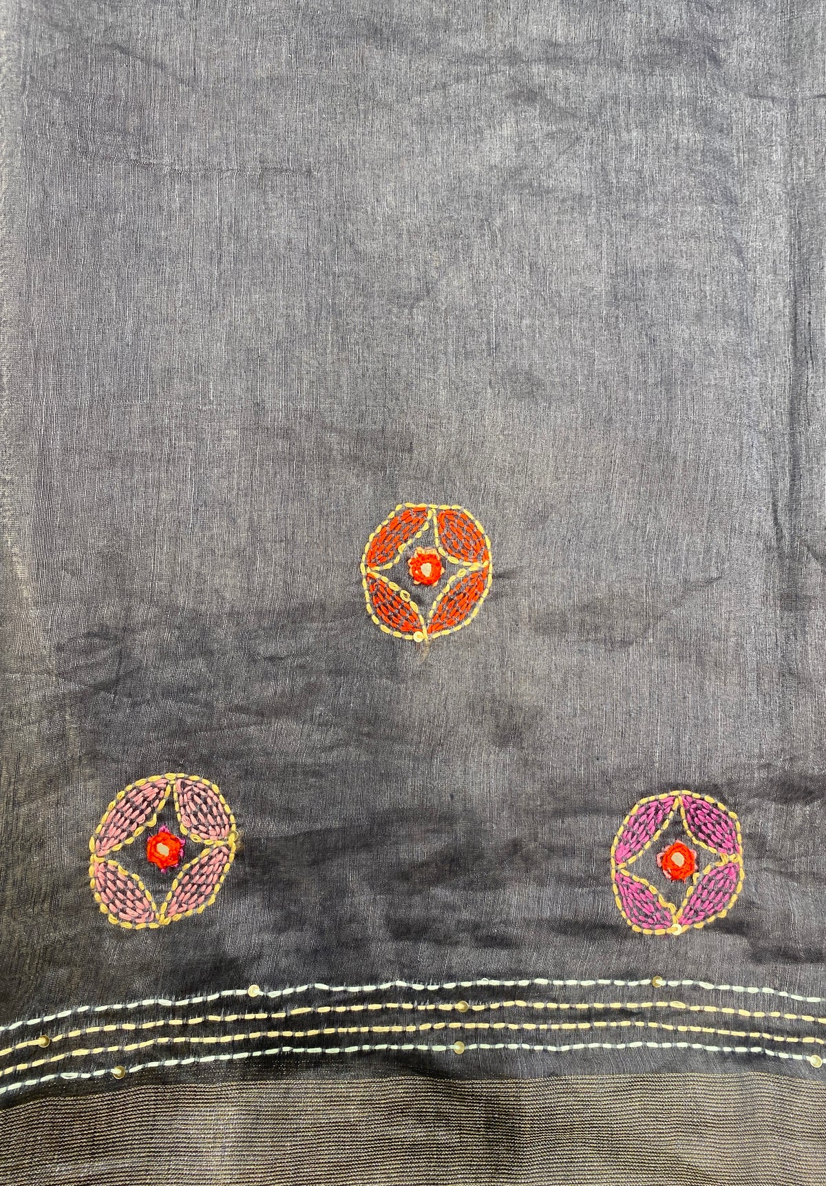 Deep Blue Linen Silk Saree Hand Embroidered Work, With Unstiched Blouse