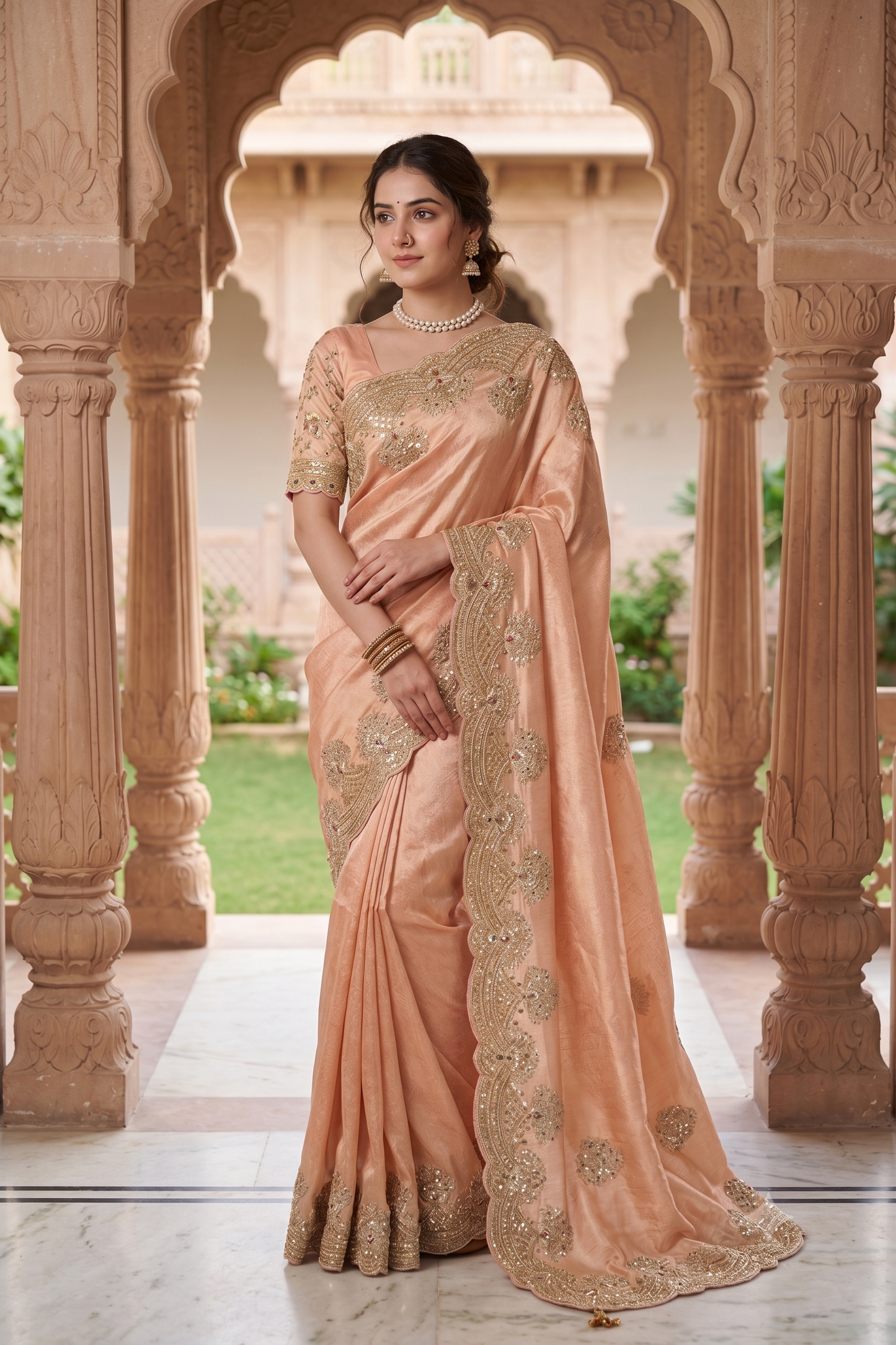 Peach Tissue Kanjeevaram Silk Sarees With Embroidery Work, With Unstiched Blouse