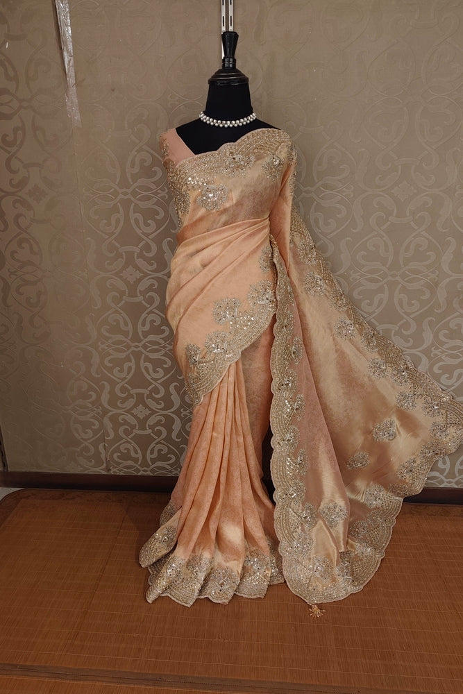 Peach Tissue Kanjeevaram Silk Sarees With Embroidery Work, With Unstiched Blouse
