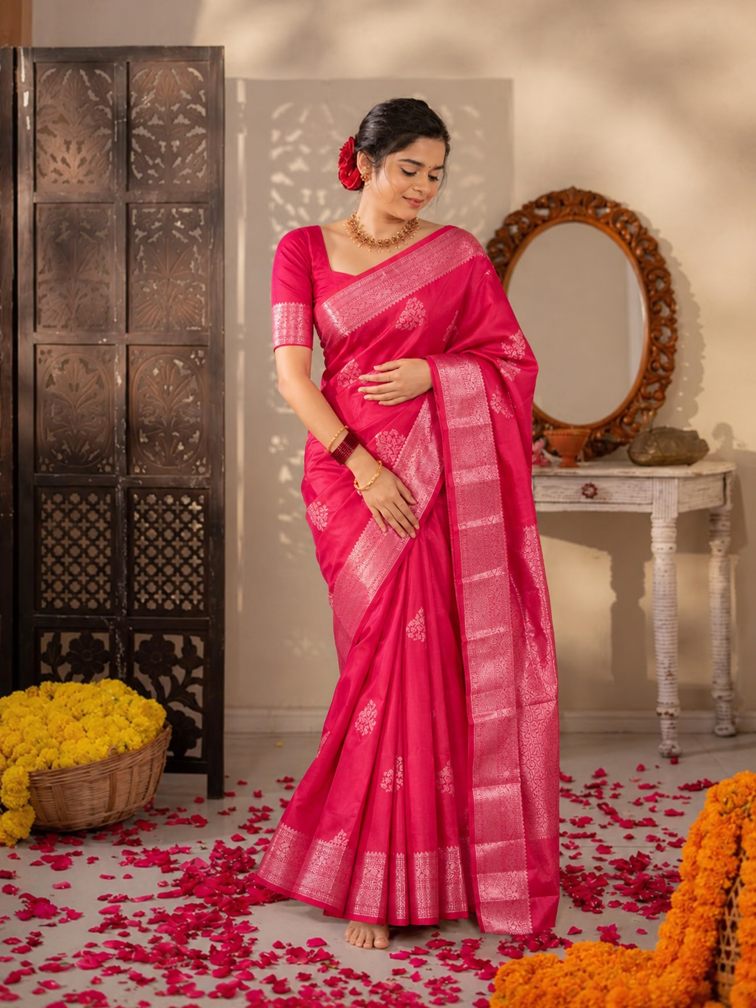 Magenta Pure Kanjeevaram Silk Saree, With Unstiched Blouse