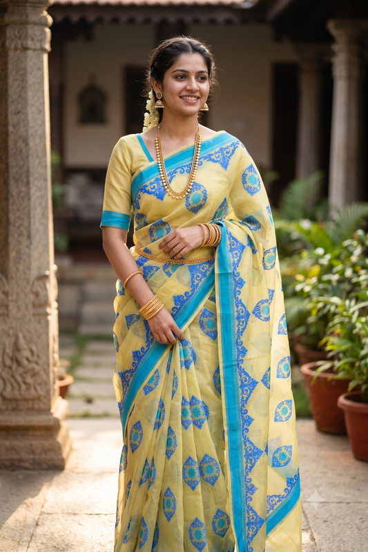 Yellow Muslin Jamdani Saree, With Unstiched Blouse