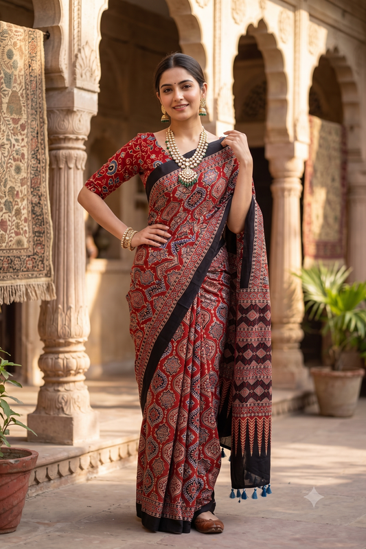 Maroon Pure Modal Silk Ajrakh Printed Saree With Unstiched Blouse