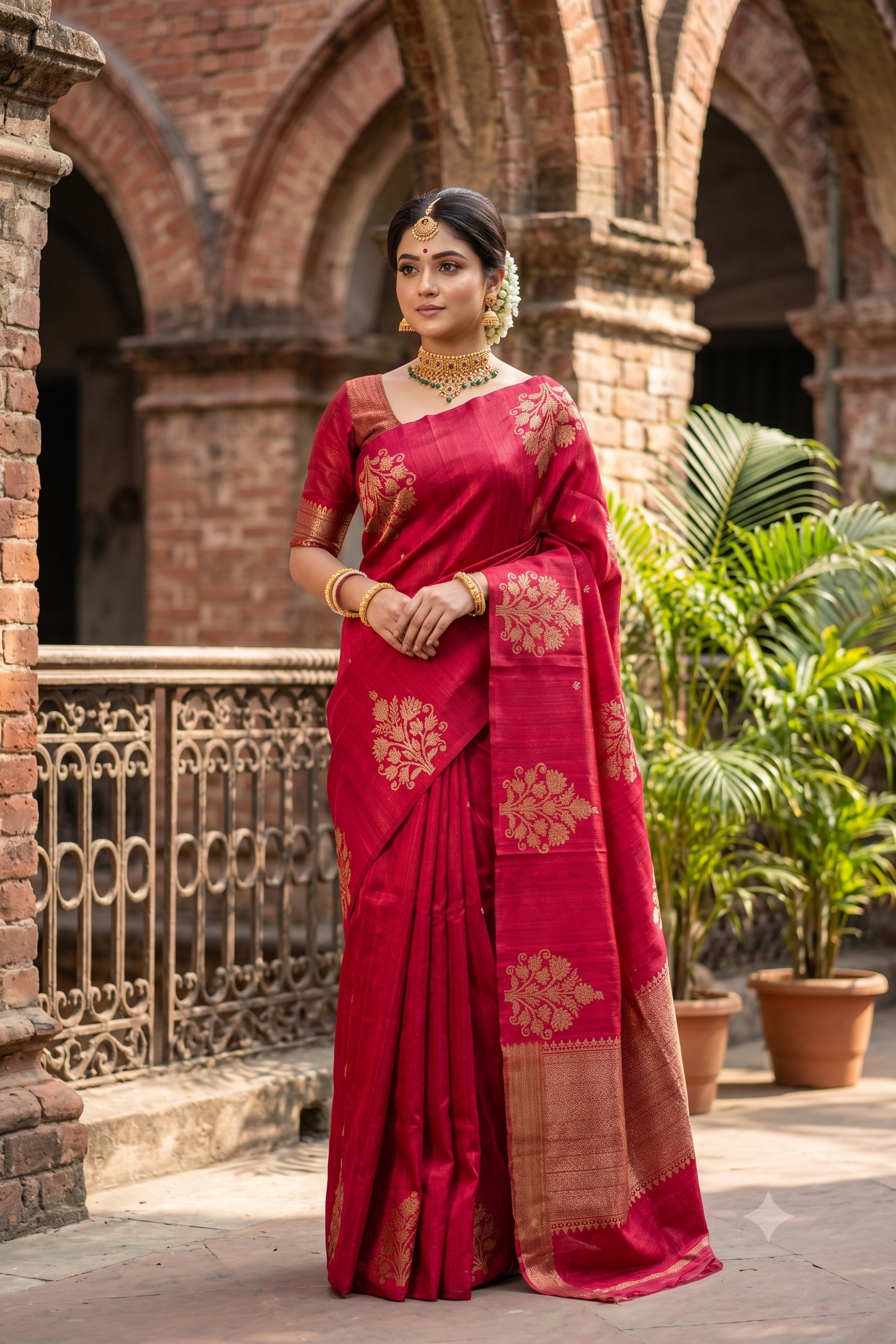 Red Pure Raw Tussar Banarasi Silk Saree, Hand Woven Motifs With Unstiched Blouse