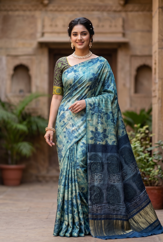 Blue & Yellow Pure Modal Silk Ajrakh Printed Saree With Unstich Blouse
