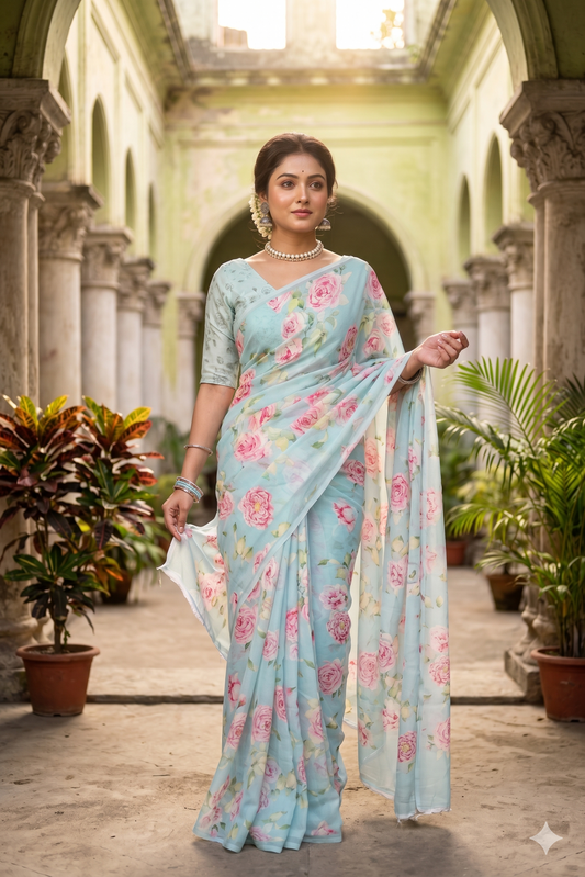 Sky floral printed chiffon saree with unstiched blouse piece, perfect for party wear by Saarang Sarees, showcasing elegant fabric and design.