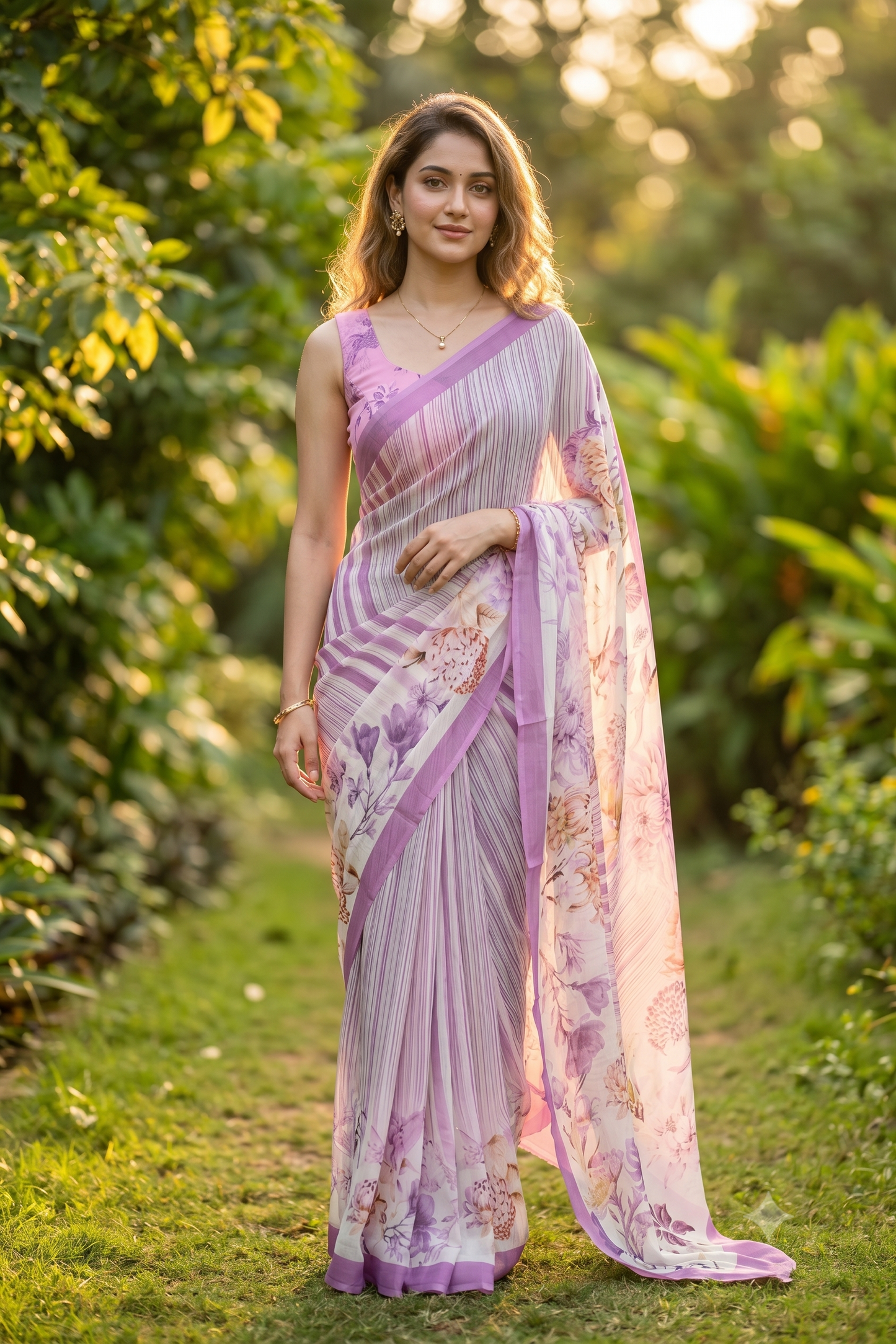 Off-White Purple Floral Printed Chiffon Saree, With Unstiched Blouse Piece
