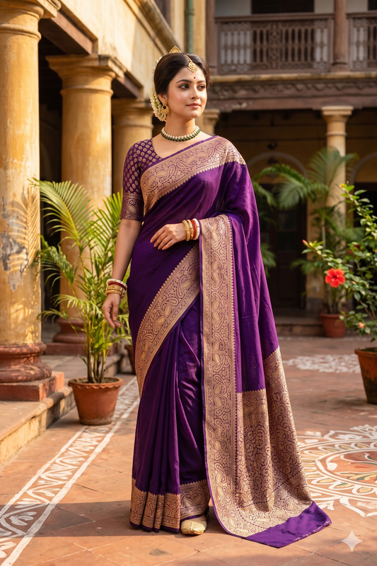 Deep purple Mysore crepe silk Banarasi saree with intricate gold zari work and matching unstiched blouse, traditional wear by Saarang Sarees.