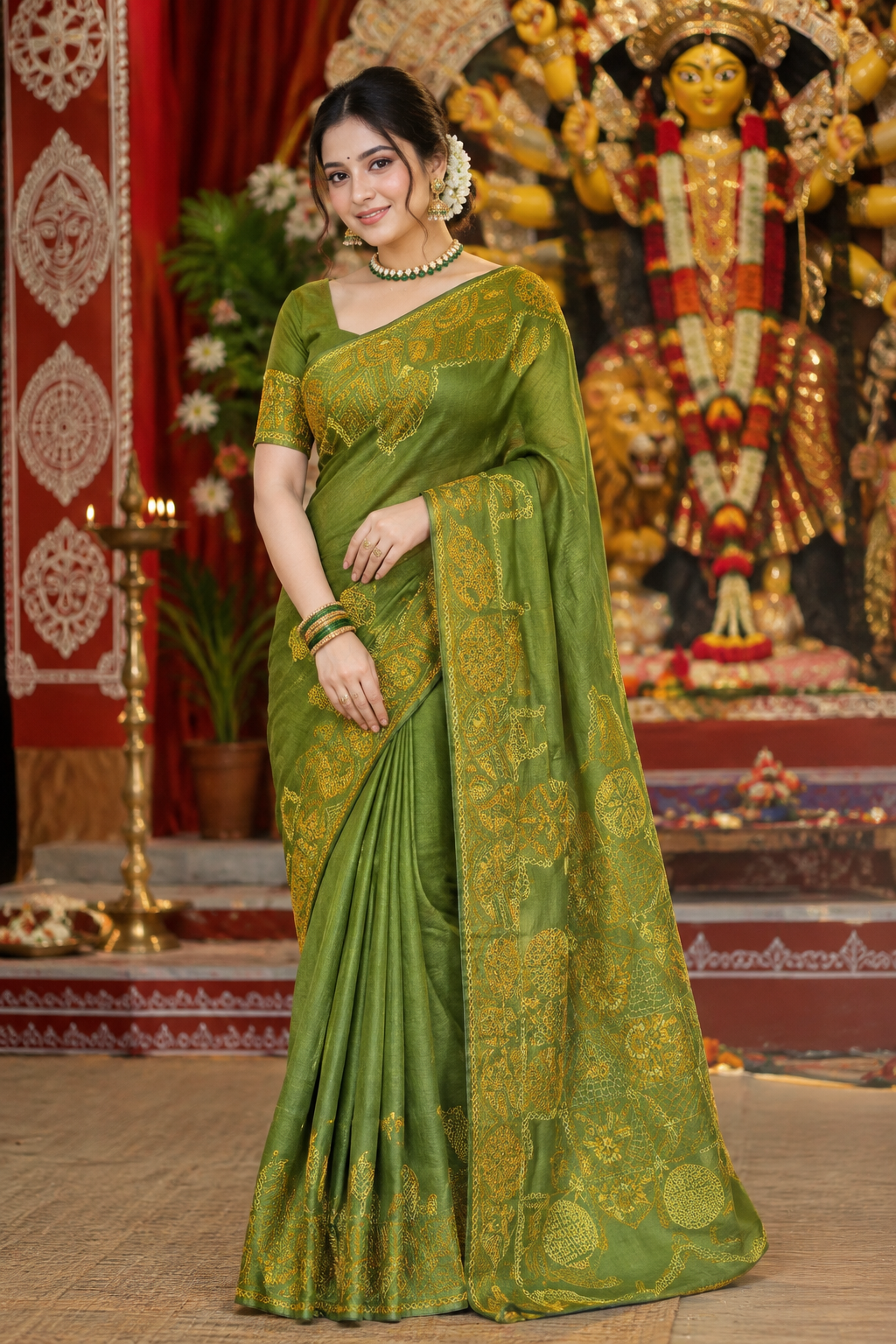 Green Tussar Hand Embroidery Saree, With Unstitched Blouse