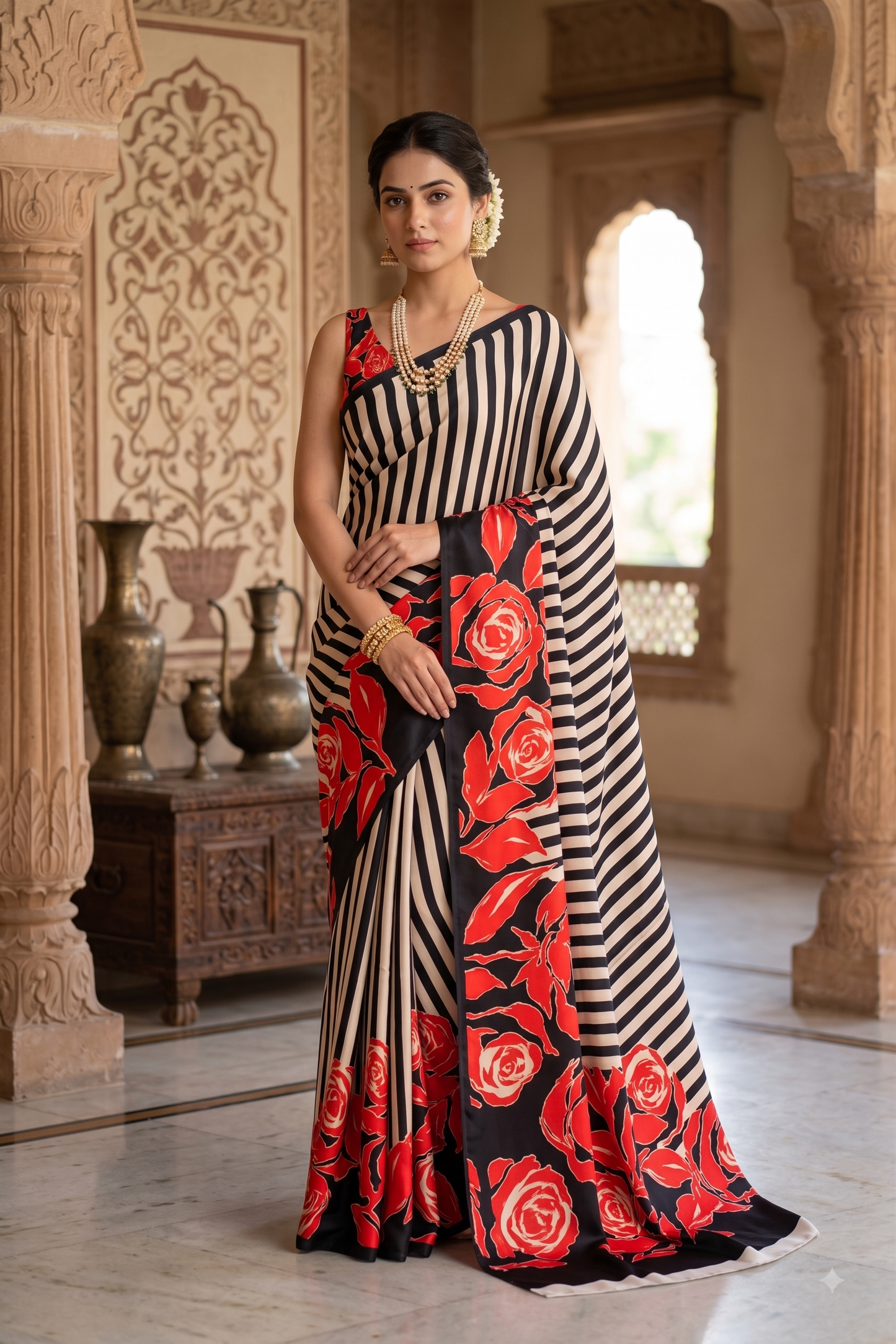 Zebra Stripe Floral Printed Satin Crepe Saree, With Unstiched Blouse