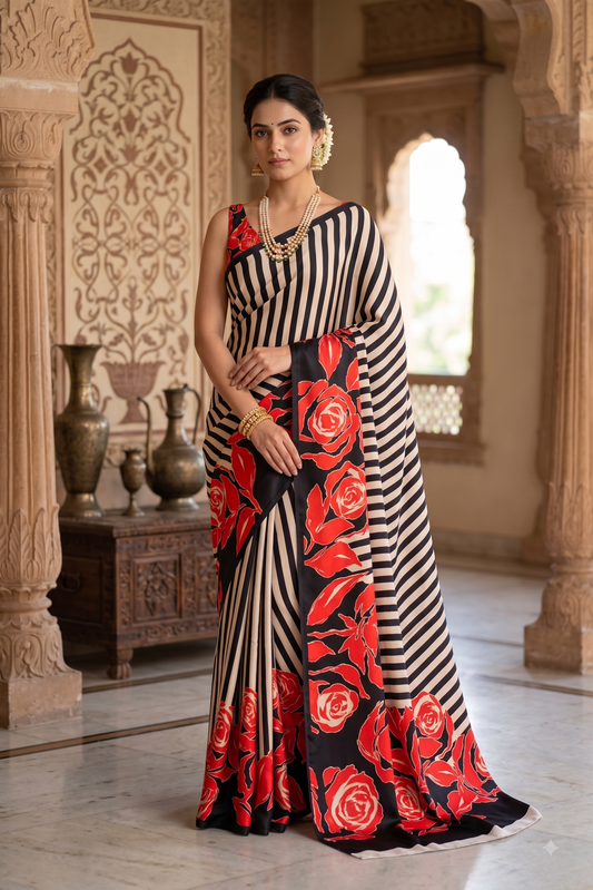 Zebra stripe floral printed satin crepe saree with unstiched blouse, designed for party wear by Saarang Sarees.