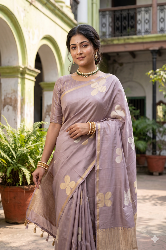 Grey Mashru Silk Banarasi Handloom Saree, With Unstiched Blouse