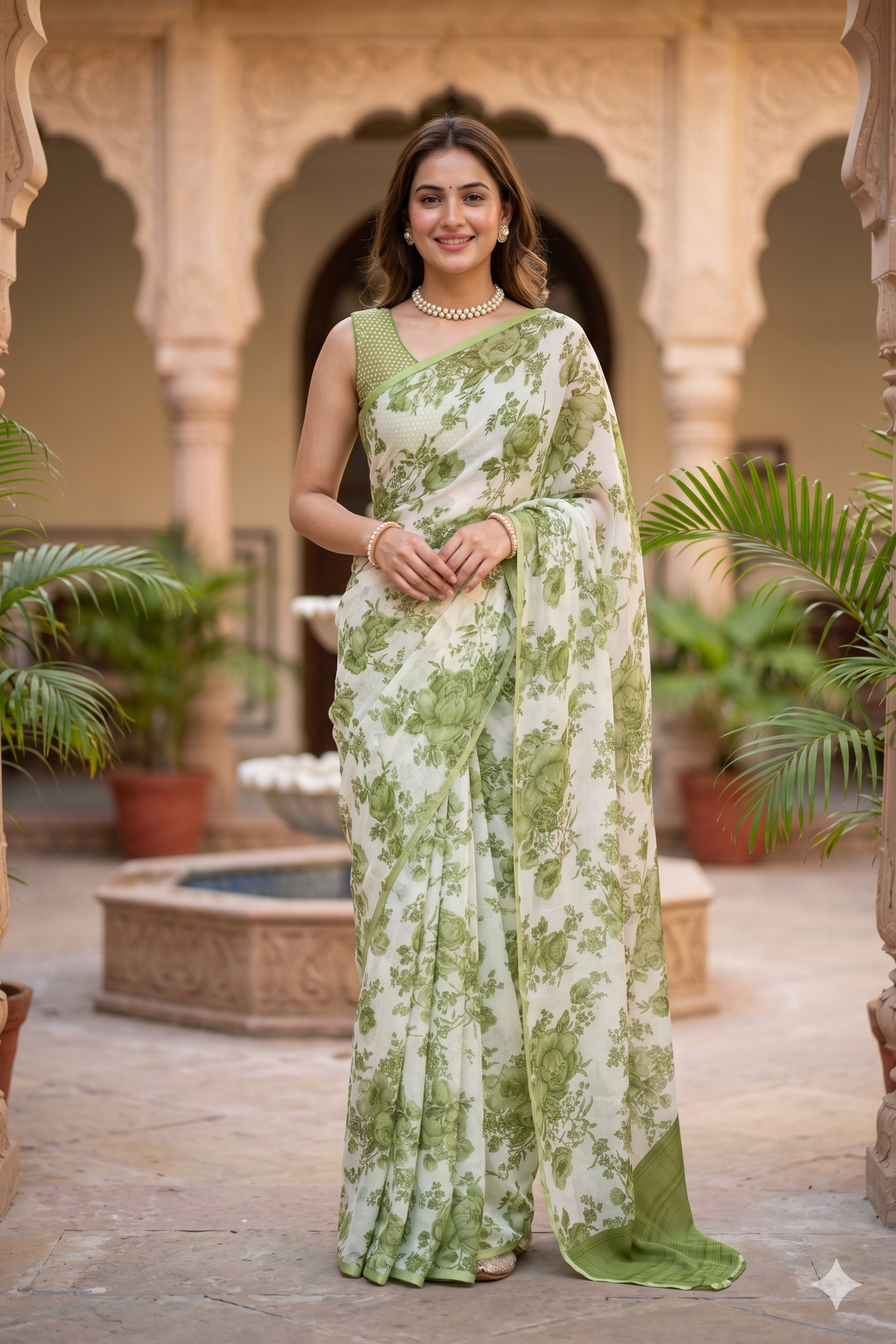 Off-White Green Floral Printed Chiffon Saree, With Unstiched Blouse Piece