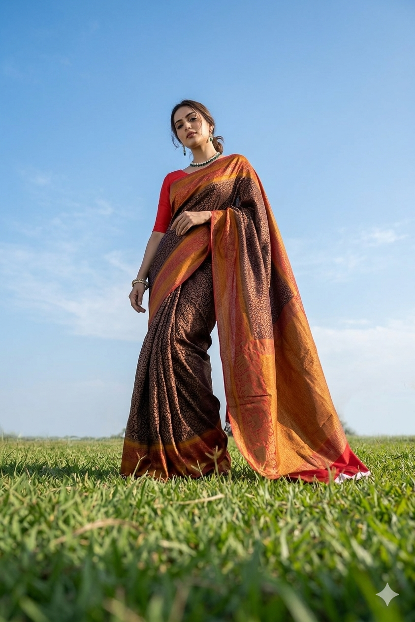 Brown Mysore crepe saree with brocade pattern and matching unstitched blouse, ideal for party wear by Saarang Sarees.