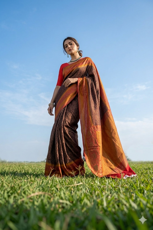 Brown Mysore crepe saree with brocade pattern and matching unstitched blouse, ideal for party wear by Saarang Sarees.