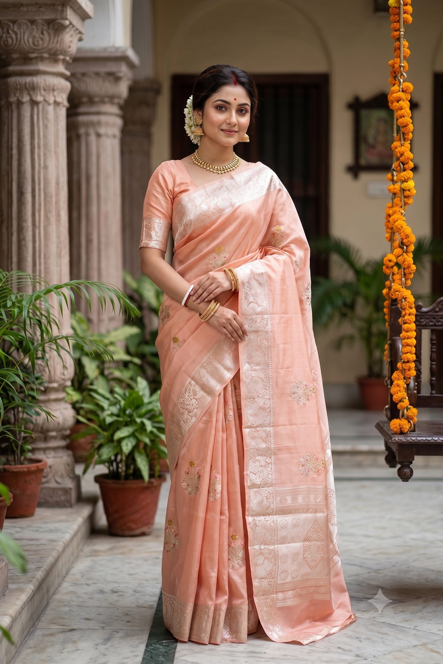 Peach Chiniya Silk Saree Hand Woven Butas, With Unstiched Blouse