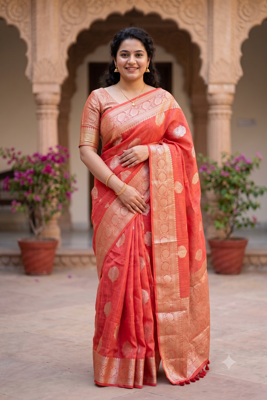 Red Linen Banarasi Saree With Unstiched Blouse