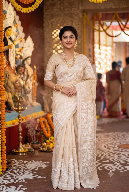 Beige Tussar Embroidery Saree With Kantha Work Border, With Unstitched Blouse