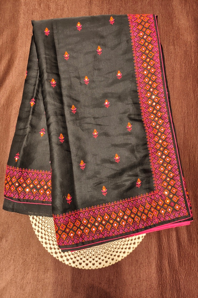 Black Semi Munga Silk Cross Stitch Work Saree, With Unstiched Blouse