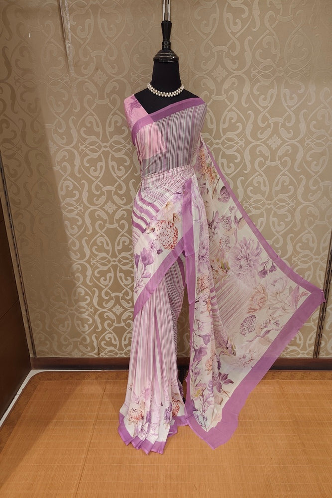 Off-White Purple Floral Printed Chiffon Saree, With Unstiched Blouse Piece