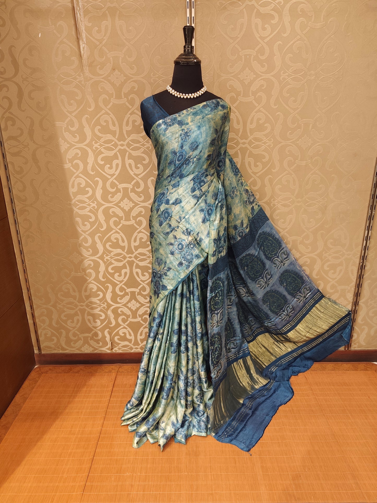 Blue & Yellow Pure Modal Silk Ajrakh Printed Saree With Unstich Blouse