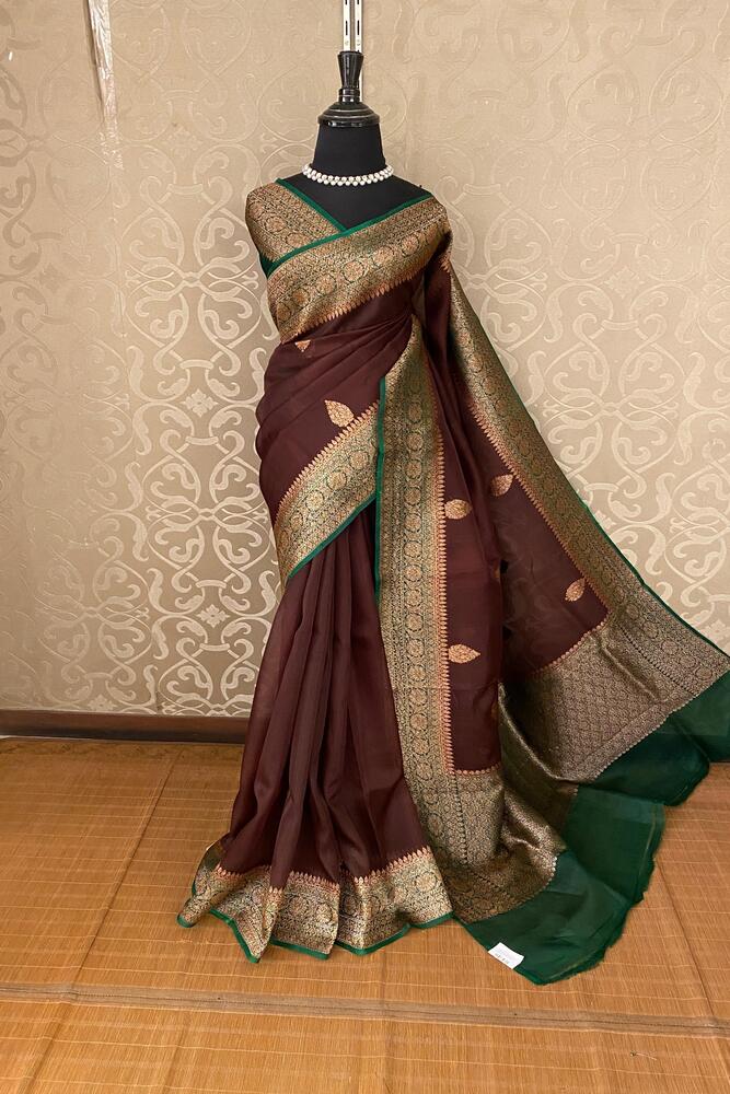 Chocolate Brown Kora Banarasi Silk Saree, With Unstiched Blouse