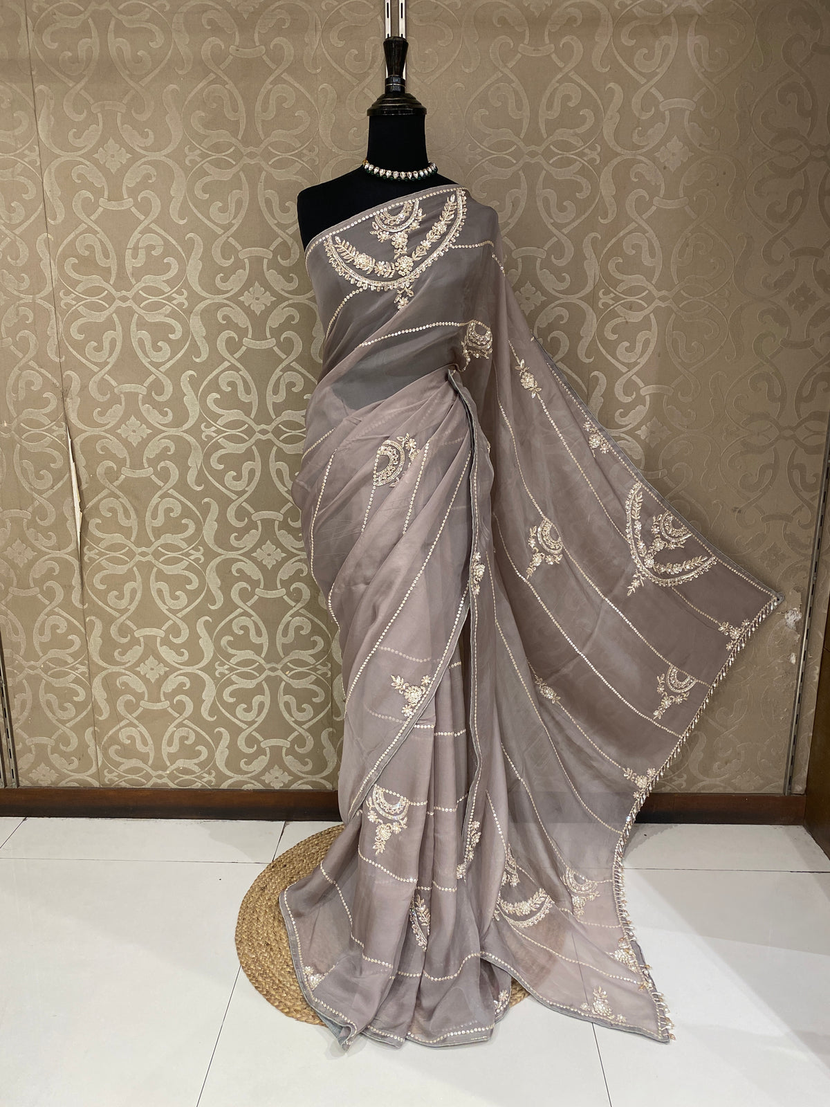 Grey Organza Silk Embroidery Saree, With Unstiched Blouse