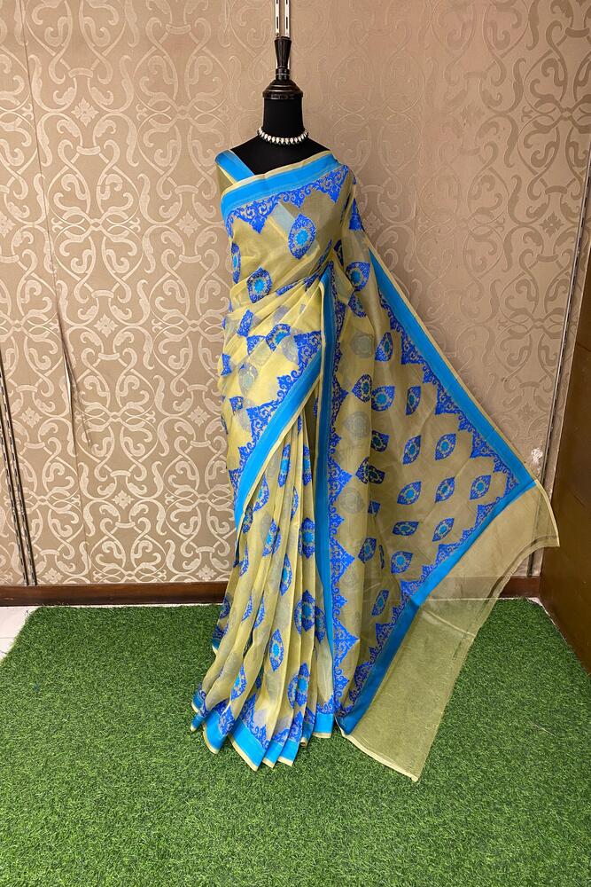 Yellow Muslin Jamdani Saree, With Unstiched Blouse