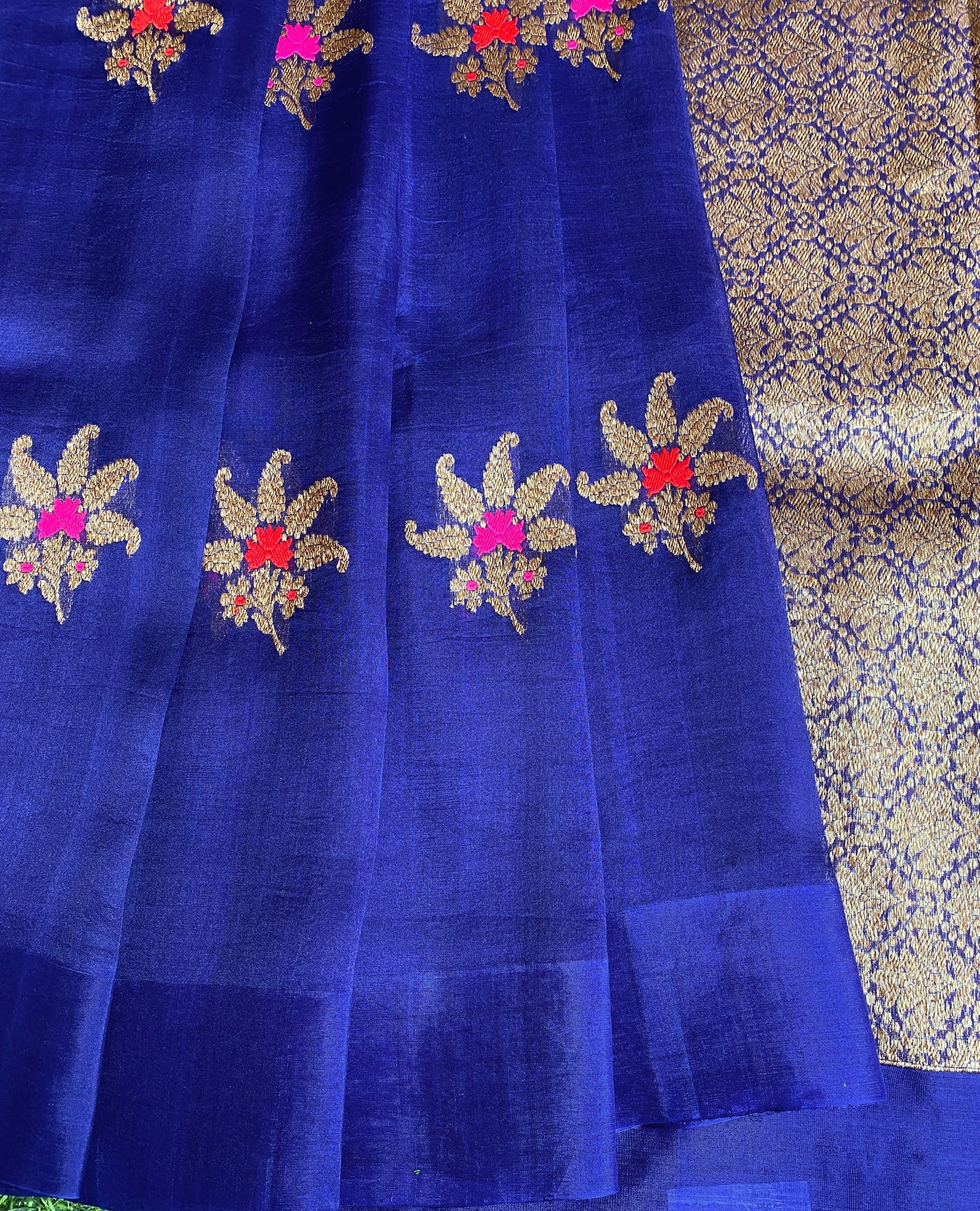Purple Blue Kora Banarasi Silk Saree, With Unstiched Blouse