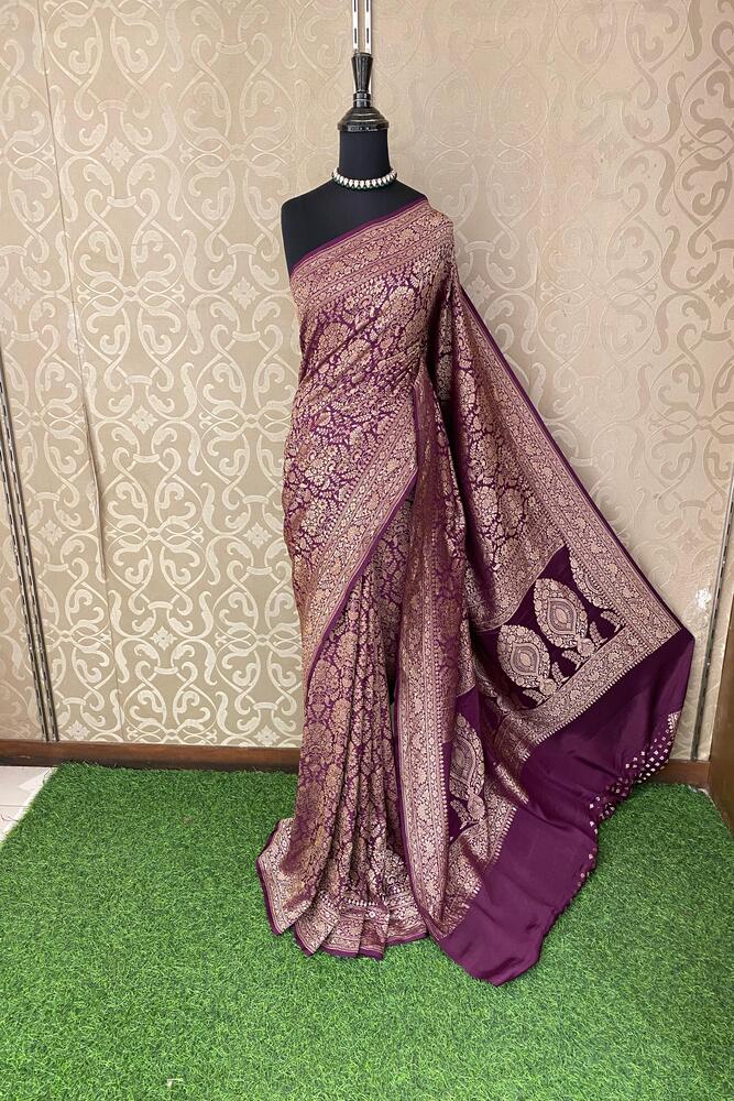 Deep Purple Crepe Khaddi Banarasi Silk Saree With Unstiched Blouse