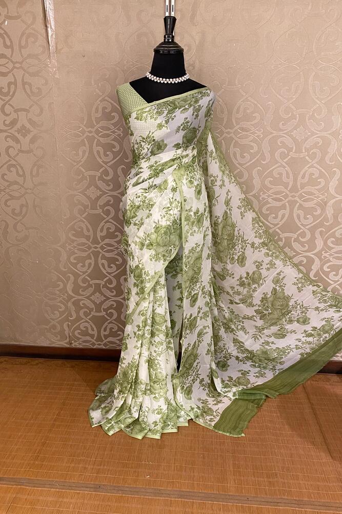 Off-White Green Floral Printed Chiffon Saree, With Unstiched Blouse Piece