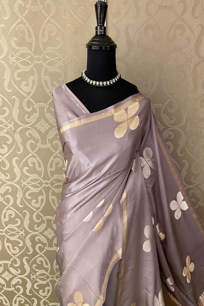 Grey Mashru Silk Banarasi Handloom Saree, With Unstiched Blouse