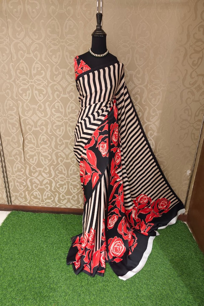 Zebra Stripe Floral Printed Satin Crepe Saree, With Unstiched Blouse