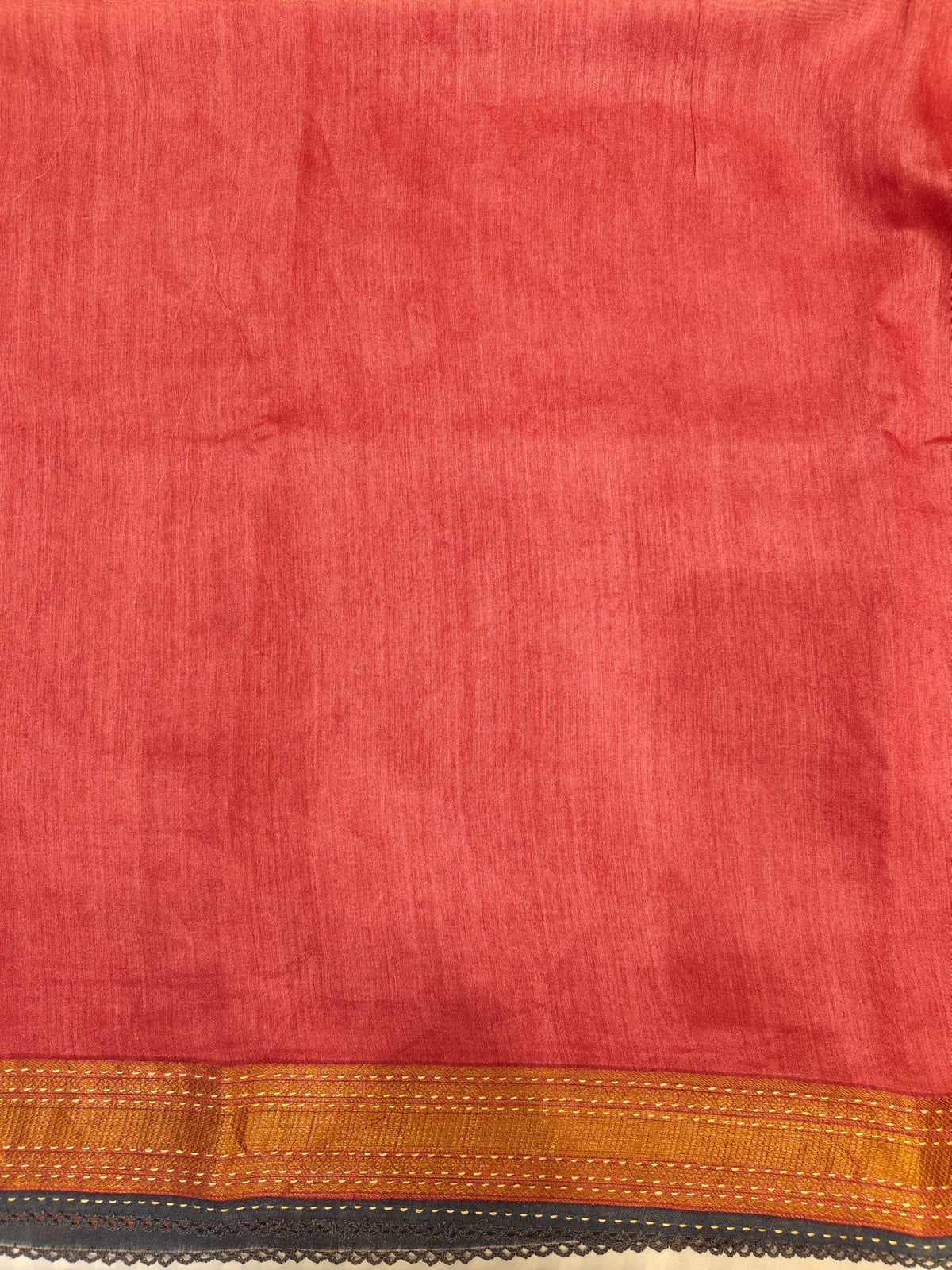Deep Grey & Red Munga Silk Printed Saree With Kantha Work, With Unstiched Blouse