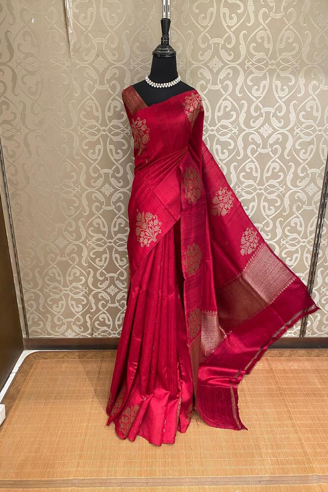 Red Pure Raw Tussar Banarasi Silk Saree, Hand Woven Motifs With Unstiched Blouse