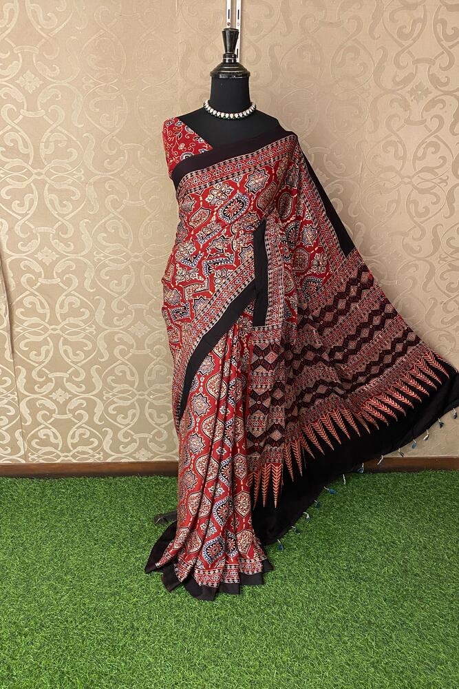 Maroon Pure Modal Silk Ajrakh Printed Saree With Unstiched Blouse