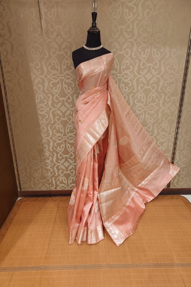 Peach Chiniya Silk Saree Hand Woven Butas, With Unstiched Blouse