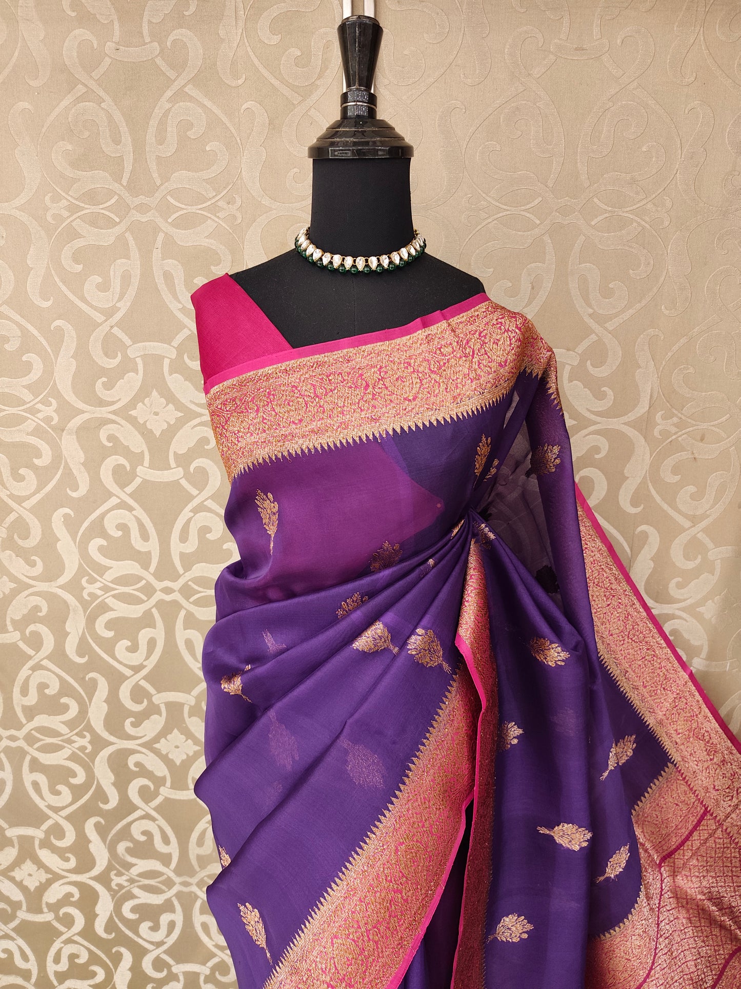 Purple Kora Banarasi Silk Saree, With Unstiched Blouse