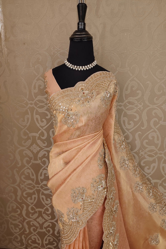 Peach Tissue Kanjeevaram Silk Sarees With Embroidery Work, With Unstiched Blouse