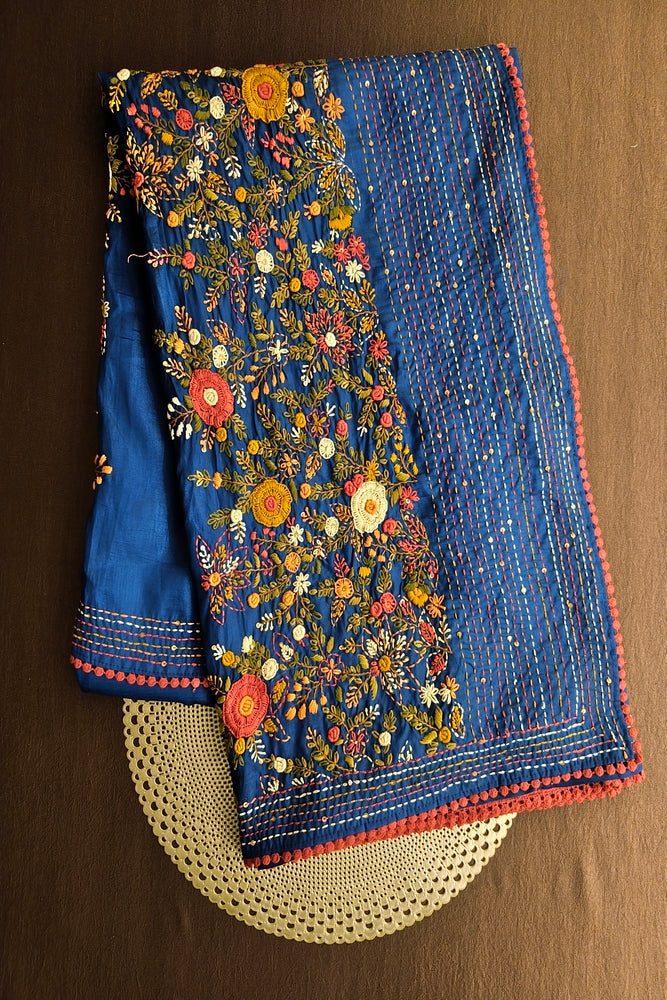 Deep Blue Semi Munga Silk French Knot Hand Embroidery Work Saree, With Unstiched Blouse