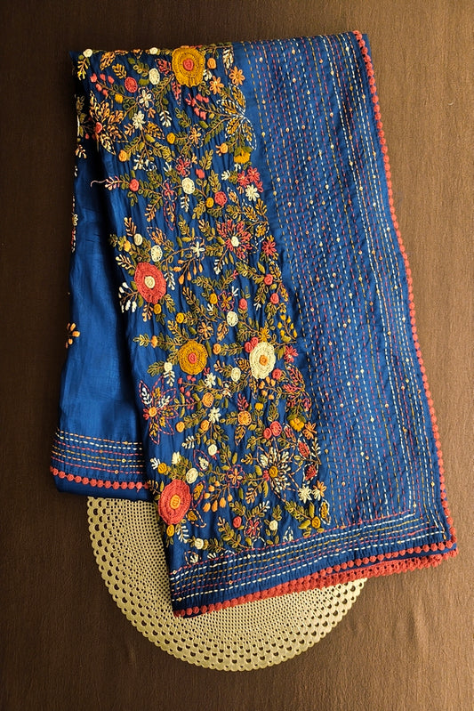 Deep Blue Semi Munga Silk French Knot Hand Embroidery Work Saree, With Unstiched Blouse