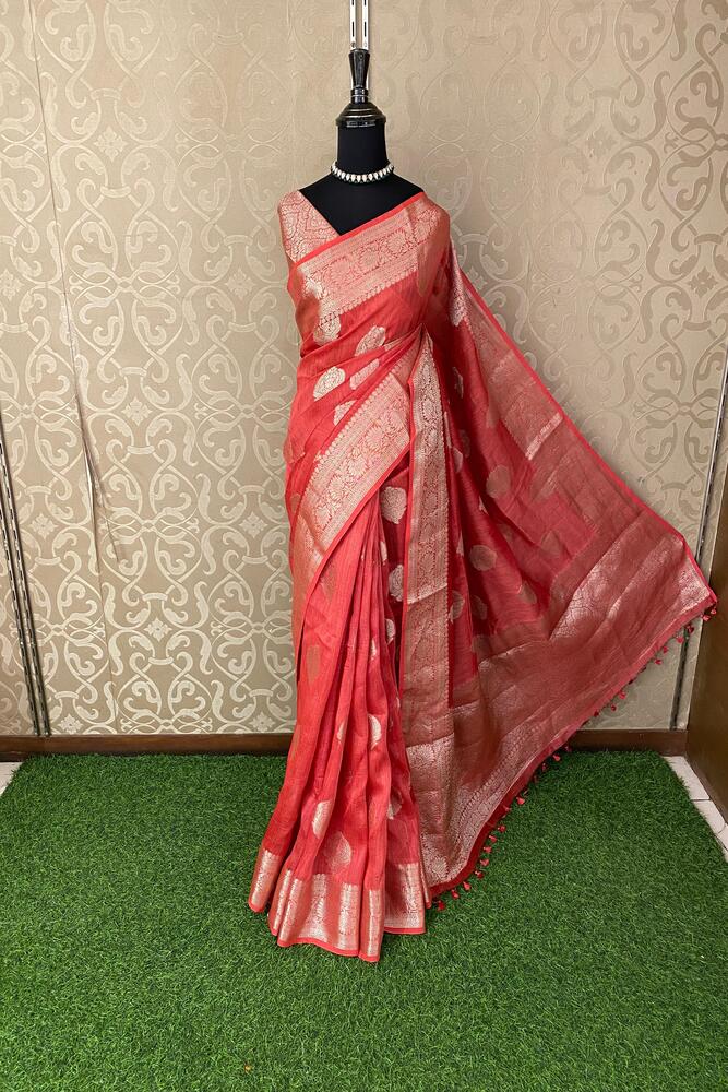 Red Linen Banarasi Saree With Unstiched Blouse
