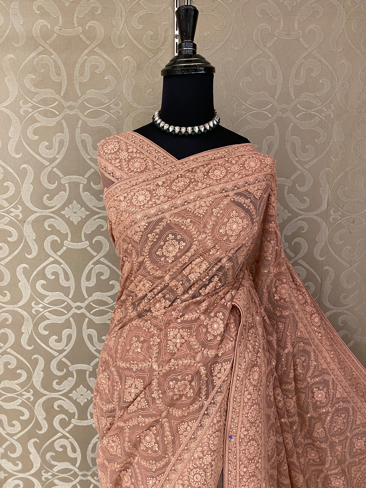 Light Brown Georgette Chikankari Embroidery Saree, With Unstitched Blouse