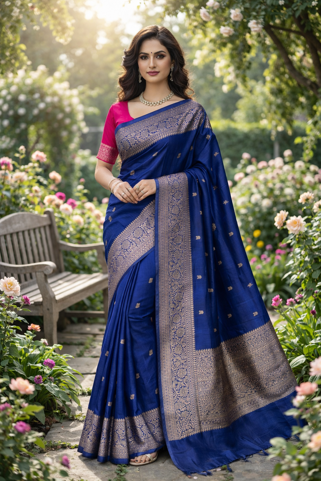 Deep Blue Pure Raw Tussar Banarasi Silk Saree, Hand Woven Motifs With Unstiched Blouse