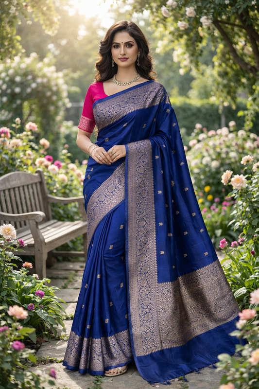 Deep Blue Pure Raw Tussar Banarasi Silk Saree, Hand Woven Motifs With Unstiched Blouse
