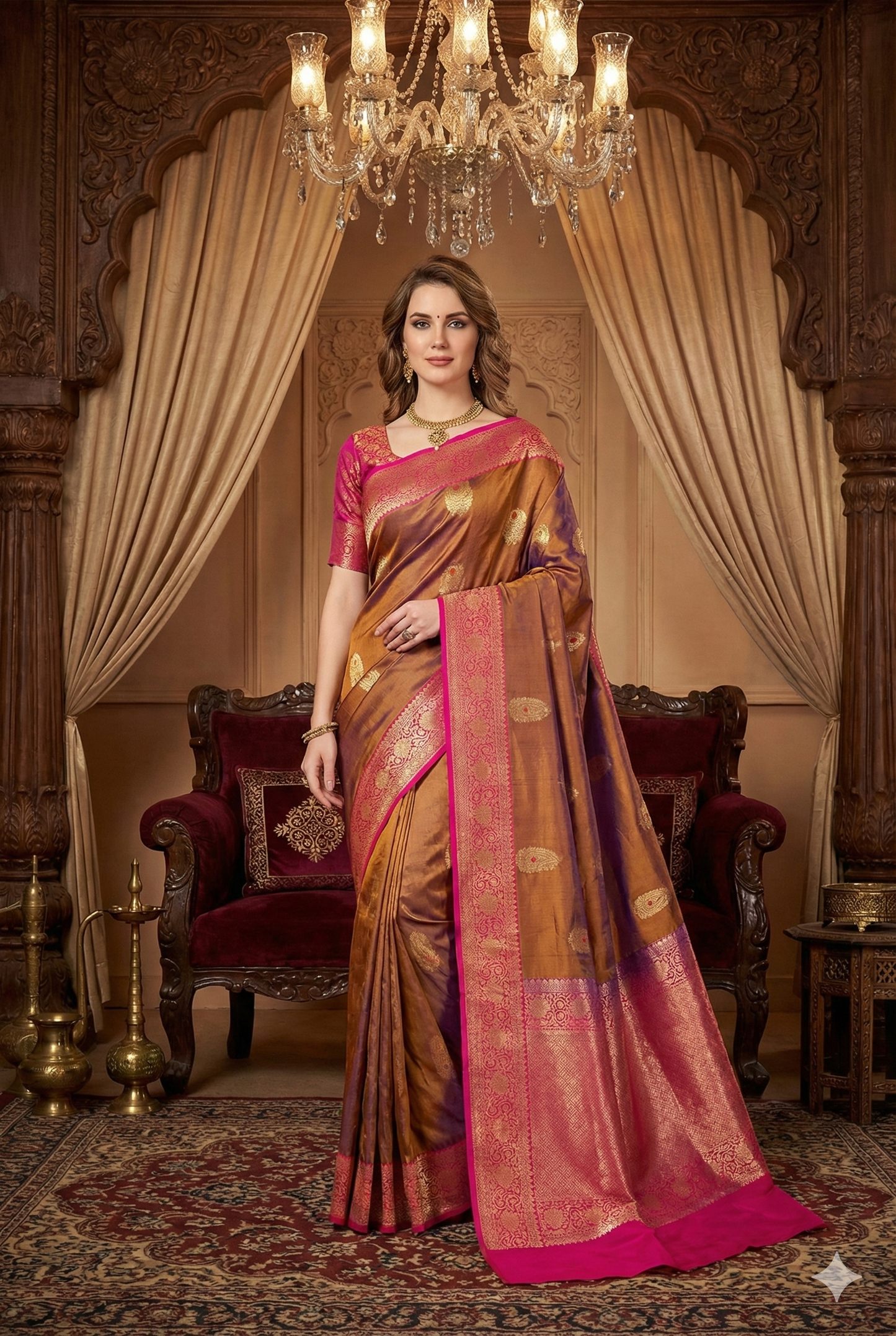 Olive Brown & Gold Katan Banarasi Saree Hand Woven Work, With Unstiched Blouse